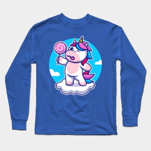 Cute Unicorn Holding Candy On Cloud Cartoon Long Sleeve T-Shirt